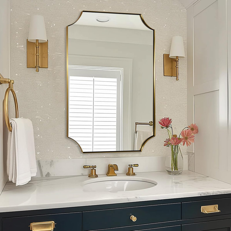  Tariro Contemporary Notched Corner Scalloped Rectangle Bathroom Vanity Mirror | Stainless Steel Frame, Brushed Gold