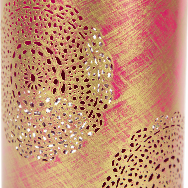 Decorative Floral Cut-Out Pillar Candle Lanterns 10", Fuchsia Pink/Gold