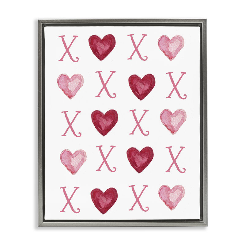 Art mural sur toile flottant rose avec coeurs Xoxo par Elizabeth Tyndal, Cadre flottant gris lustré, H 21 po x l 17 po