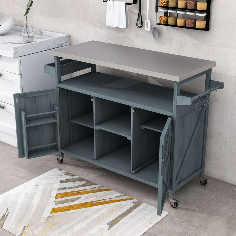 Cheyene Rolling Kitchen Island with Stainless Steel Top and Lockable Wheels, Gray Blue
