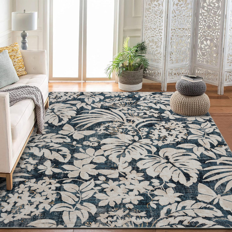 Soft Washable Botanical Leaf Print Area Rug – Non-Slip, Mark-Resistant, Collapsible Faux Woolen Accent Mat – For Living Room, Bedroom, Kitchen – Blue Tint, 10x13ft