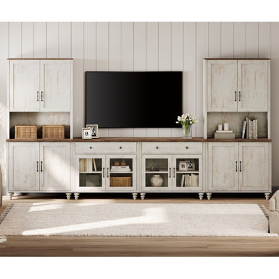Meuble audio-vidéo Farmhouse avec bibliothèque et meuble-bar pour téléviseurs de 75 po ou moins, meuble télé mural avec portes et tiroirs en verre, console média pour le salon, la chambre à coucher et le cinéma maison, blanc rustique
