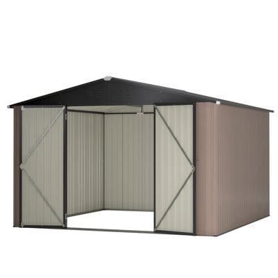 Abri de jardin JAXILYN 3 x 3 m (10 x 10 pi) en métal avec porte verrouillable en acier, brun, idéal pour le jardin, la cour et la pelouse.