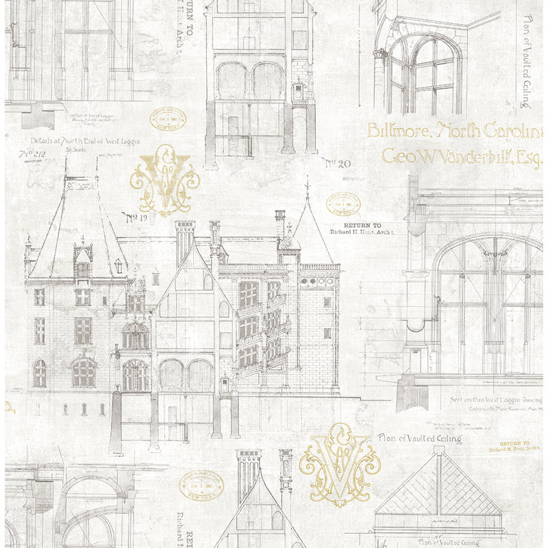 Papier peint non collé Seabrook Designs parchemin métallique et or Ellery Estate, Crème, crème