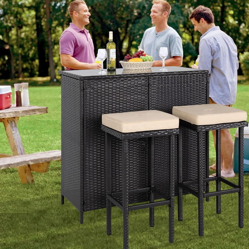 3-Piece Outdoor Patio Bar Set with Two Stools and Glass Top Table, Patio Wicker Furniture with Removable Cushions