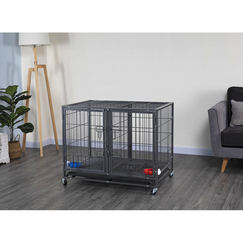 Gray Heavy Duty Stackable Rolling Pet Crate with Divider