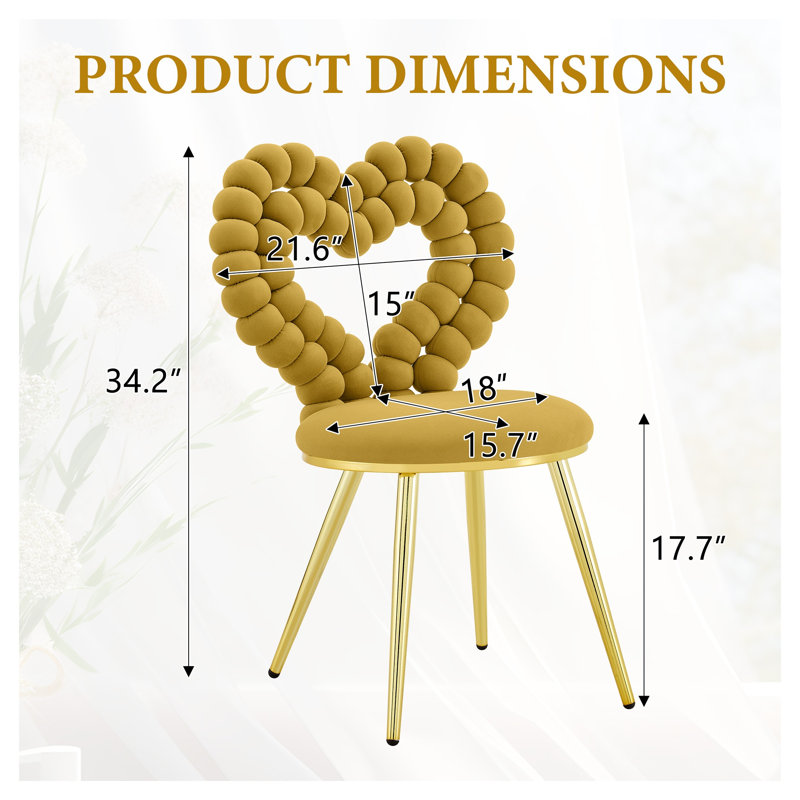 Ensemble de 2 fauteuils d'appoint capitonnés en forme de cœur, velours jaune et structure en métal doré