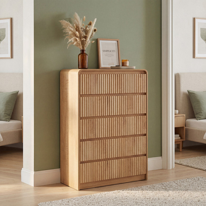 Commode en bois 31 po avec 5 tiroirs, commode courbée anti-collision de style Mid-Century pour chambre à coucher, salon, meuble télé, naturel