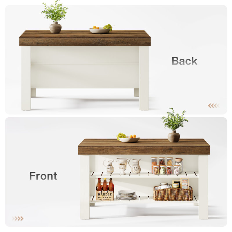 55.1" Kitchen Island Table With Storage And Seating Space For Kitchen Dining Room, Brown/White
