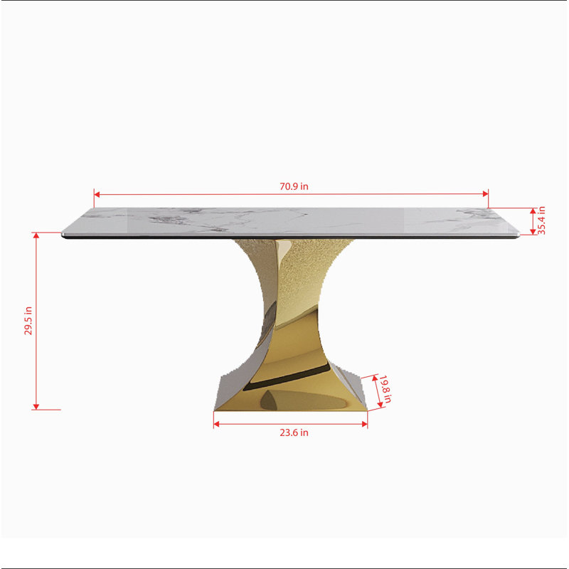 Table de salle à manger 71 "rectangulaire pour 6 à 8 personnes, table de cuisine moderne avec base en sablier plaquée or élégante, grande table de salle à manger - (table seulement)