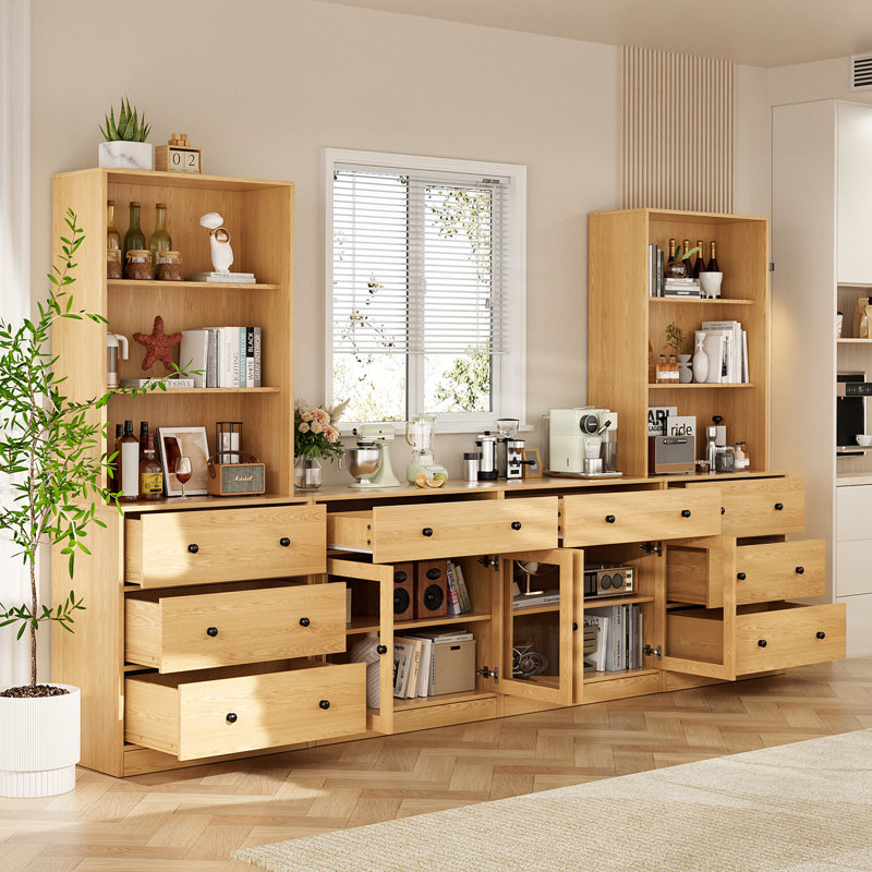 Garde-manger 71 po avec bibliothèques et meuble télé de style campagne pour téléviseur de 75 po ou moins, Bois