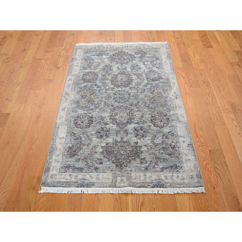Tapis décoratif en soie de conception unique noué à la main gris de 3 pi x 5 pi 2 po