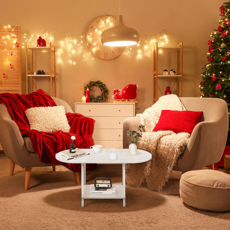 White Oval Wood Coffee Table with Storage Shelf