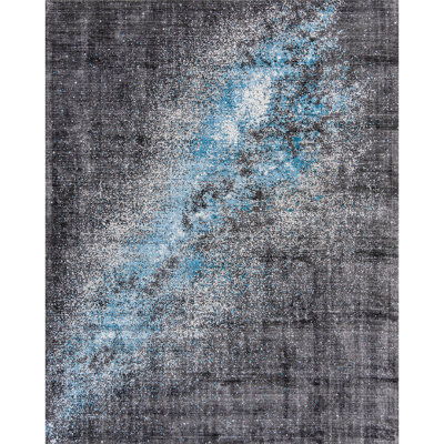 Tapis gris anthracite et bleu noué à la main de haute qualité
