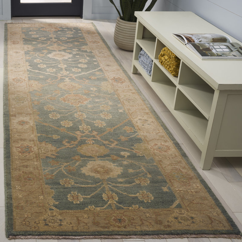 Oushak Oriental Hand-Knotted Wool Medium Blue/Green Area Rug, Runner 3' x 10'
