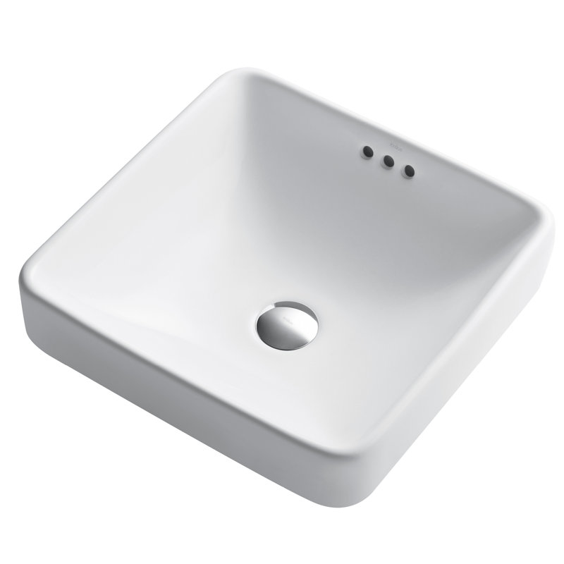 Elavo White Ceramic Square Semi-Recessed Vessel Sink, 16.25 inch