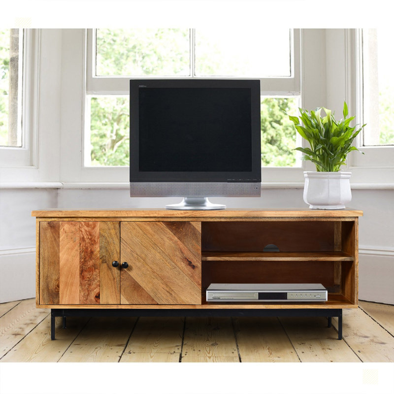 Meuble télé en bois de manguier avec 2 compartiments ouverts