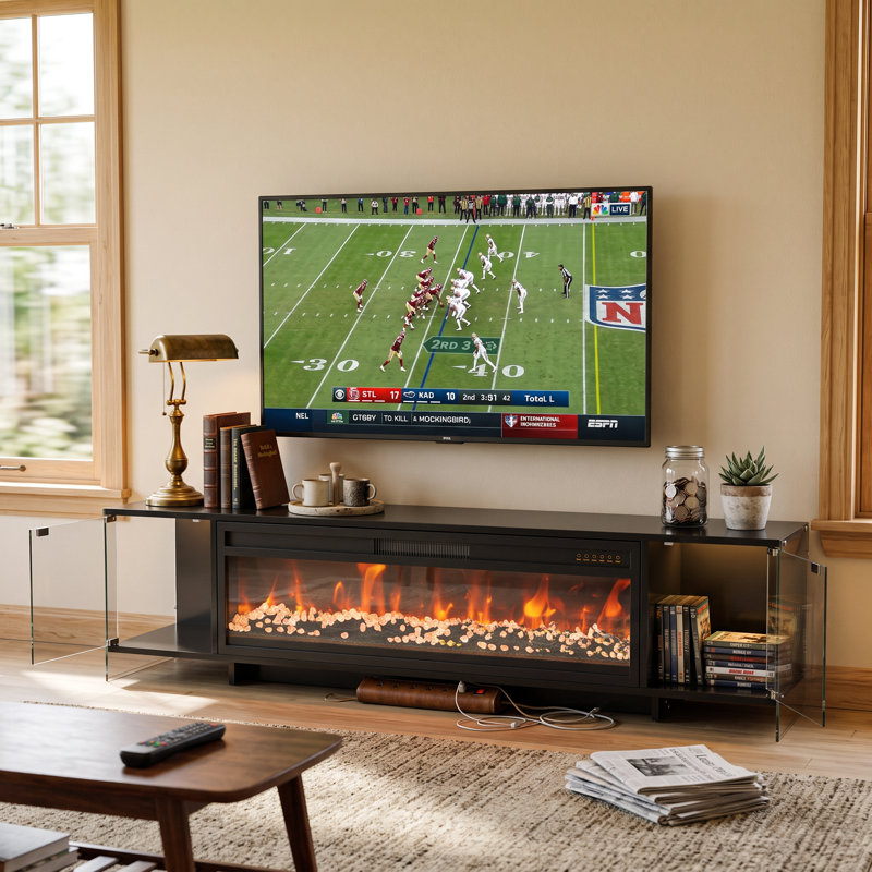 Meuble télé Savitha 70,9'' L moderne laqué avec foyer électrique de 46,1'', vitrines, éclairage DEL 3 couleurs et télécommande