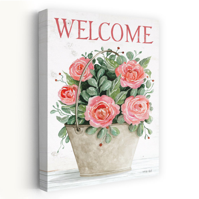 Welcome Roses In Pail, art floral contemporain d'été, H 24 po x l 16 po
