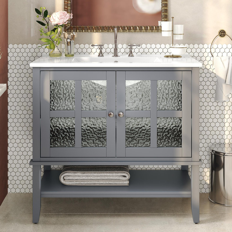 Meuble-lavabo 36 po avec lavabo en céramique, Gris