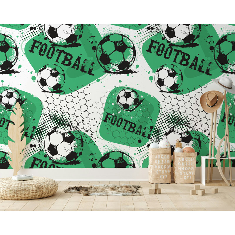 Green Soccer Print Kids Room Wallpaper, 105.96" L x 187" W