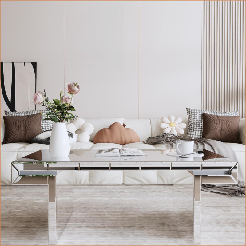 Table basse de 47 po avec miroir rectangulaire en verre trempé cannelé de 47 po, décor luxueux léger, assemblage facile en 2 étapes pour les petits espaces
