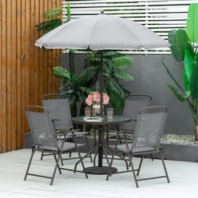 Outsunny 6 Piece Patio Dining Set for 4 with Umbrella, Outdoor Table and Chairs with 4 Folding Dining Chairs & Round Glass Table for Garden, Backyard and Poolside, Black