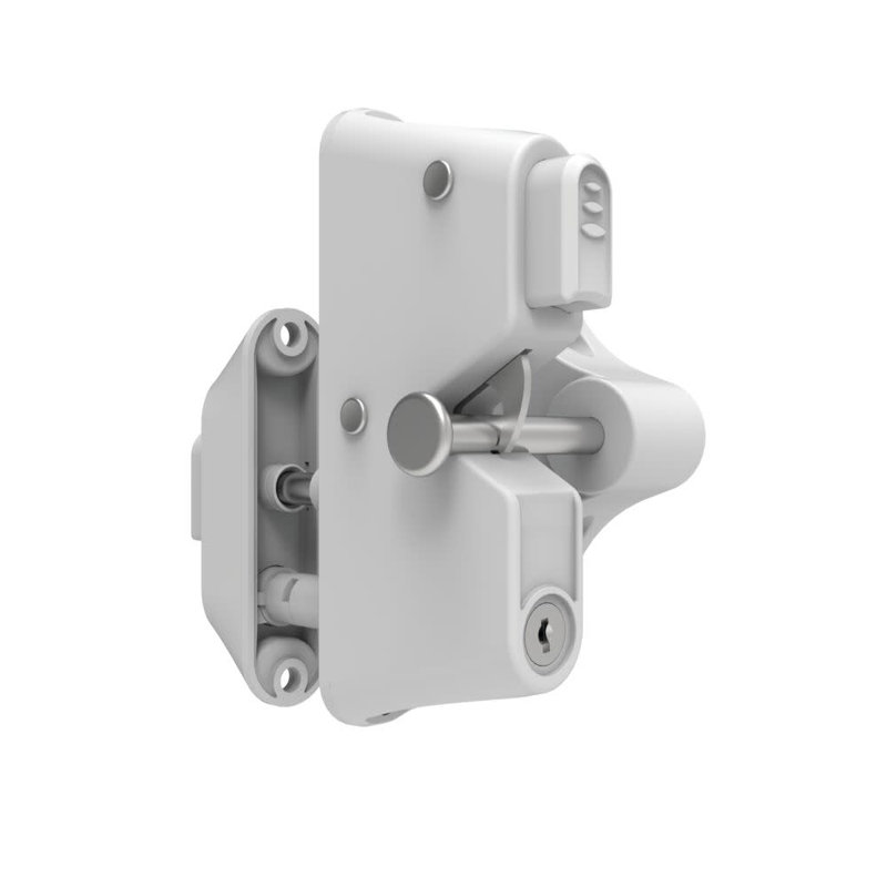 Locking Gravity Latch with Two-Sided Key Entry and Push Button, White