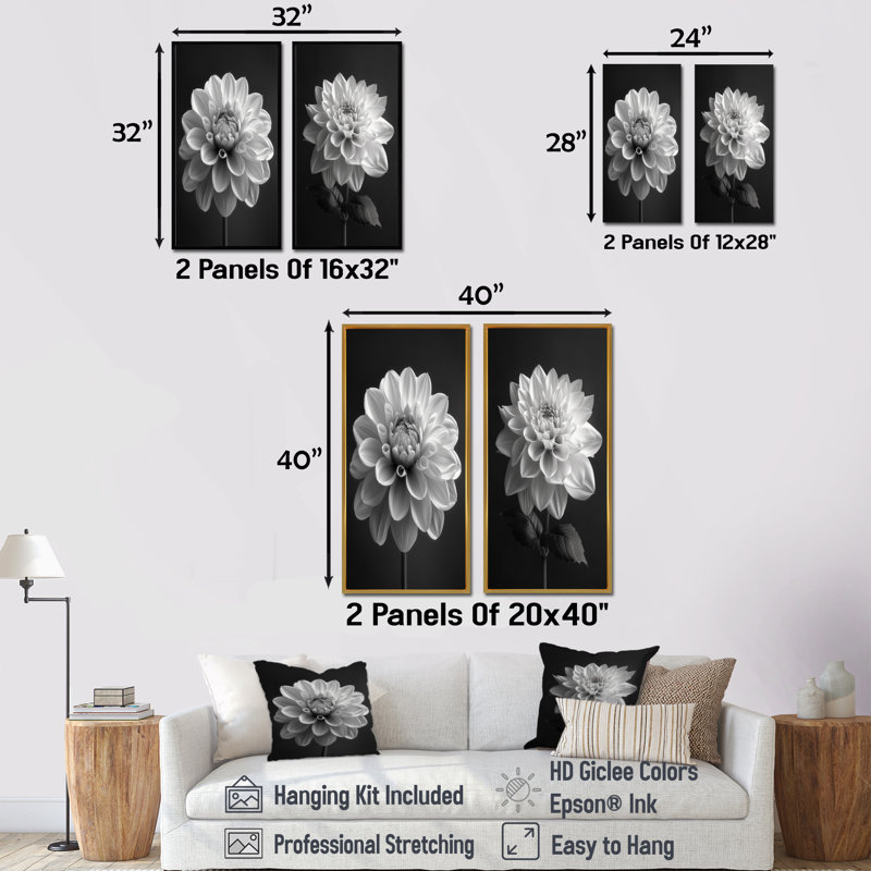 Élégante fleur de dahlia monochrome I - ensemble d'art mural 2 pièces, H 28 po x l 24 po, Impression encadrée, Doré