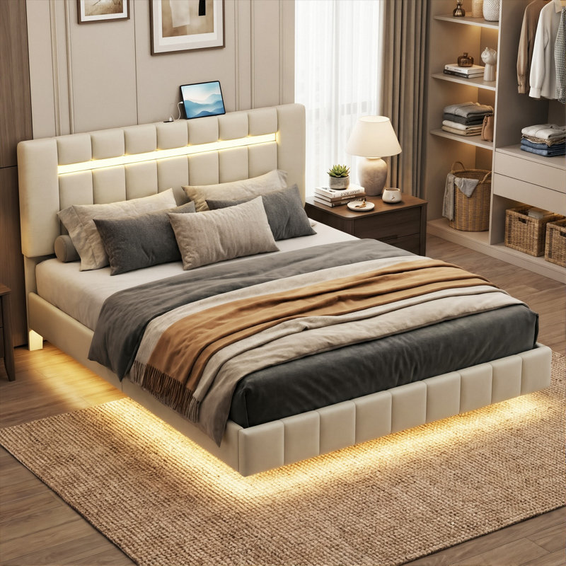 European King(160X200cm) Floating LED Linen Bed Frame With USB Charging Station, Beige Upholstered Platform With Underbed Light