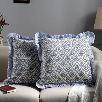 18x18 Inch Chinoiserie Block Print Cotton Pillow Cover with Ruffle – Double-Sided Grandmillennial Decorative Cushion Case for Sofa, Bedroom & Farmhouse