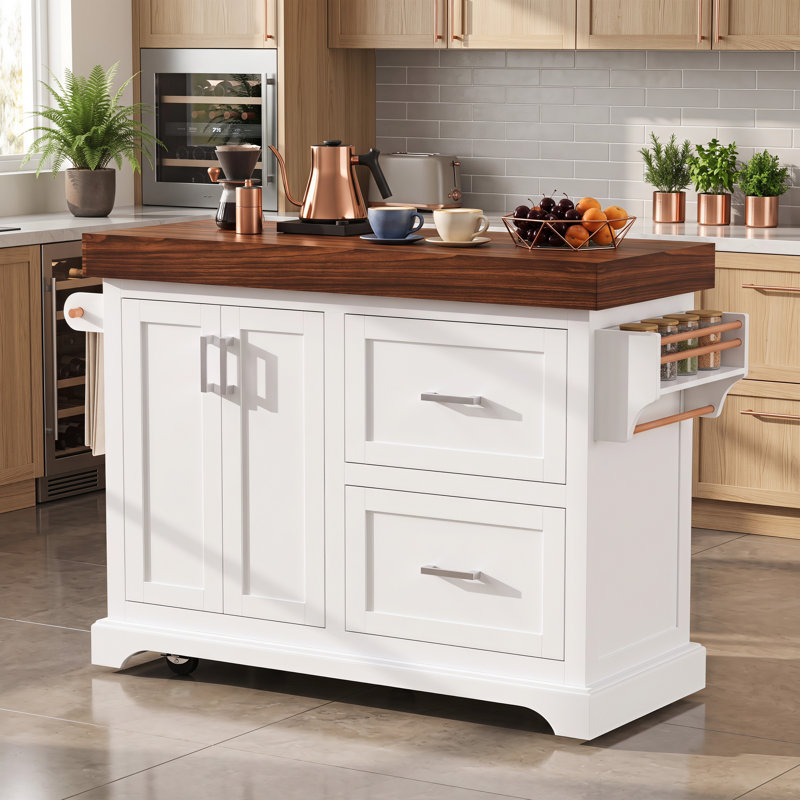 Îlot de cuisine 53 po avec bureau de 3,5 po d'épaisseur, 2 grands tiroirs, porte-épices et porte-serviettes, 5 roulettes