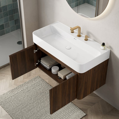 Meuble-lavabo mural en noyer de 91 cm (36 po) - Meuble suspendu moderne (meuble seulement)
