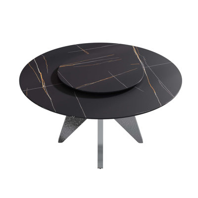 Table de salle à manger ronde en marbre artificiel avec plateau tournant en pierre artificielle et base en acier inoxydable argenté (table de salle à manger seulement)