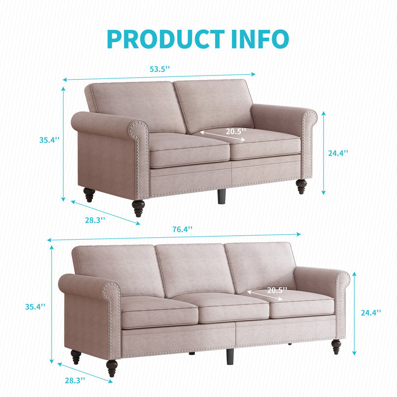 2-Piece Linen Sectional Sofa Set with Rivet Accents, Beige