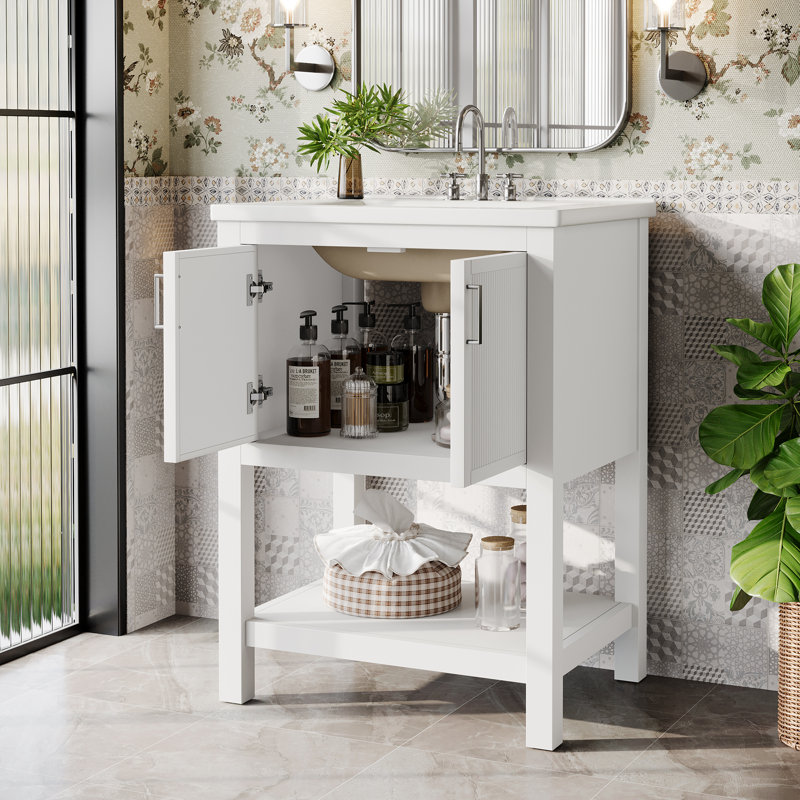 Meuble-lavabo simple 24 po avec plateau en céramique, meuble-lavabo autoportant avec cadre en bois massif et rangement pour porte