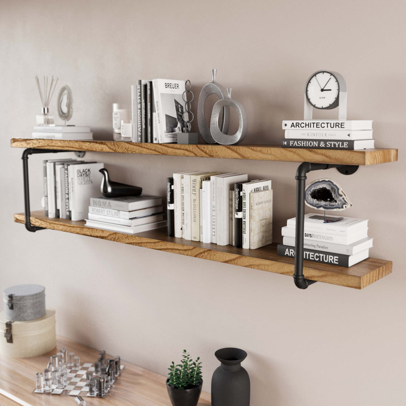 60" Industrial Pipe Shelf, Wood Wall Shelves, Floating Bookshelves for Wall, Burnt, 2 Tier, 2pcs Solid Wood Boards Included