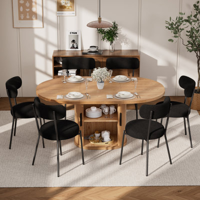 59in Oval Dining Table & Teddy Fabric Chairs Set, Natural Wood & Metal, Modern Dining Room Bundle for Kitchen