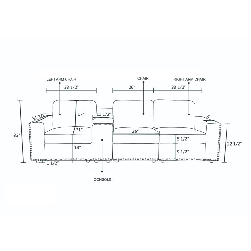 Canapé de salon en tissu 3 pièces 93 po , Gris, H 33 po x l 104,5 po x P 31,5 po