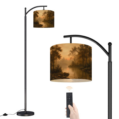 Arc Floor Lamp Serene Forest Landscape Dusk Calm River Misty Atmosphere Floor Lamps with Remote LED Lights Adjustable Lamp Shades Tall Standing Lamps for Reading Office Living Room