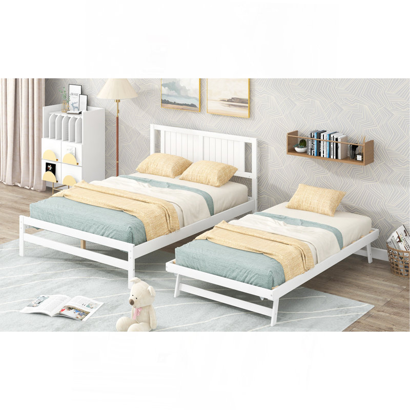 Lit plateforme double avec lit gigogne réglable, blanc