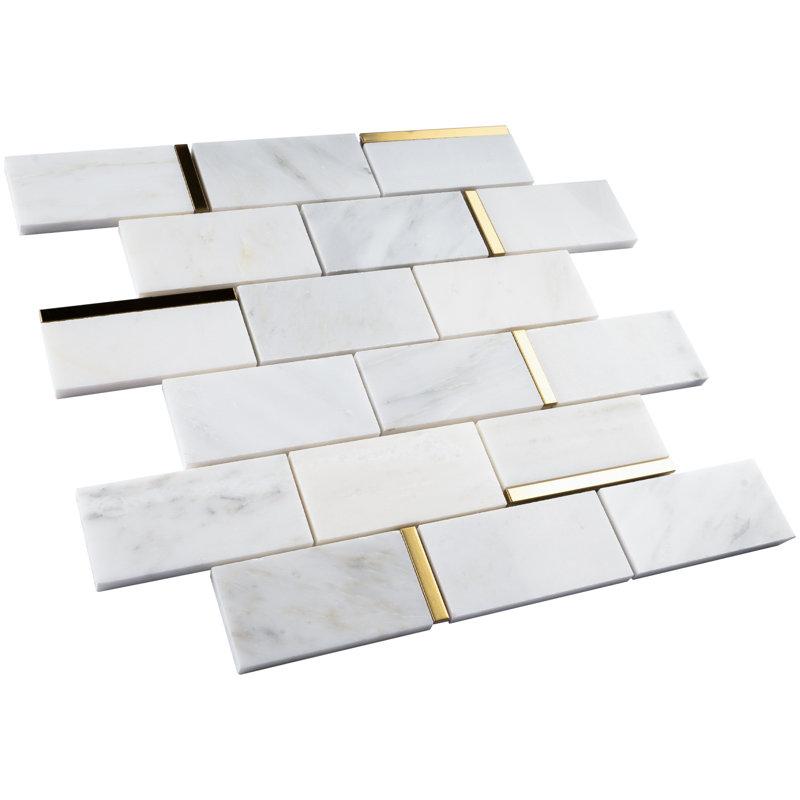 Natural Bianco 2" x 4" Marble Brick Joint Mosaic Wall Tile, Gold/White