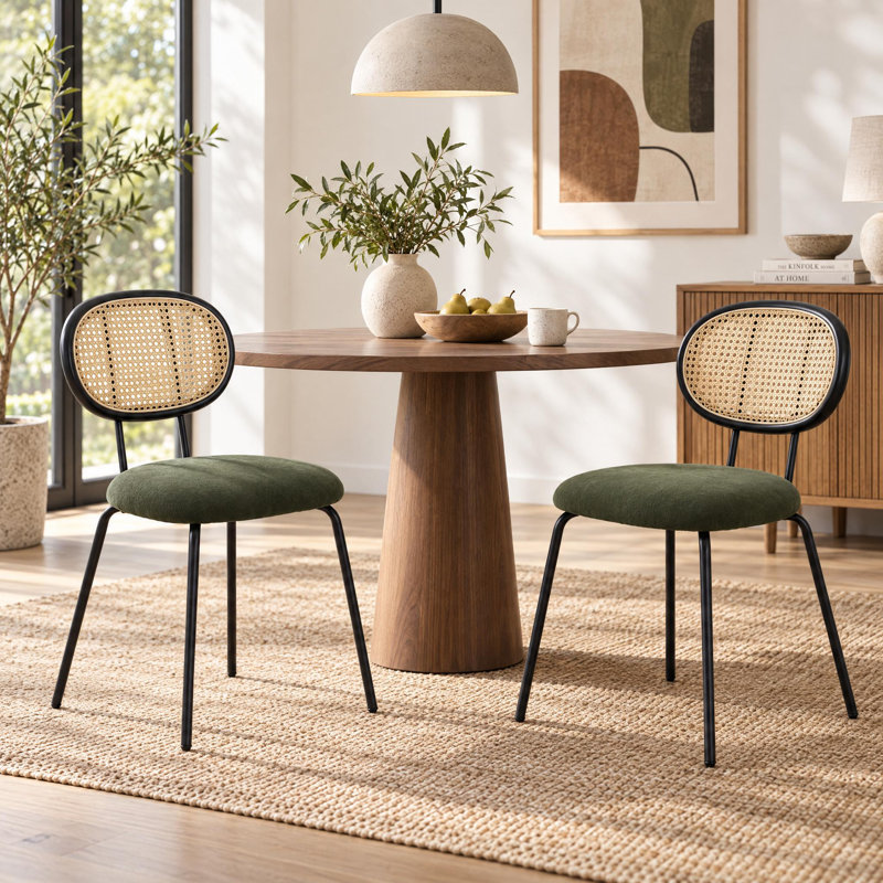 Mid-Century Modern Dining Chairs Set of 2 - Velvet Upholstered Wishbone Kitchen & Dining Room Side Chairs - Rattan Cane Mesh Backrest - Sturdy Metal Legs - Black, Two-Pack