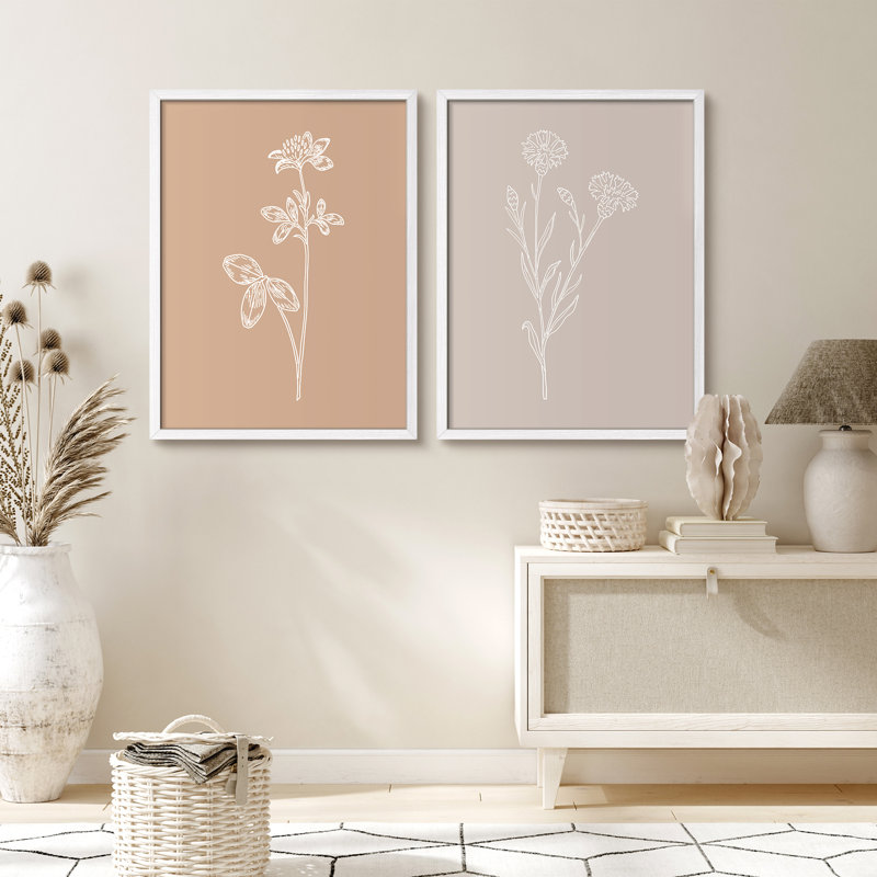 «Beige Brown Wildflowers», reproduction d'art moderne encadrée, affiche, salle de bain, petit art mural, Blanc / Blanc