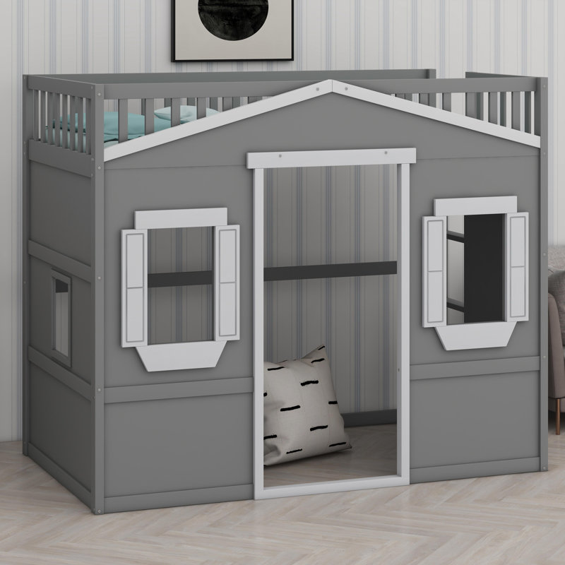 House Loft Bed With Ladder, Gray/White