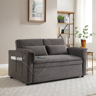 55” Pull-out Velvet 2 Seater Sofa Bed, 3-in-1 Multifunctional Sofa Bed With Usb Ports And Side Storage Bag, Perfect For Bedroom,living Room, And Other Spaces, Dark Gray