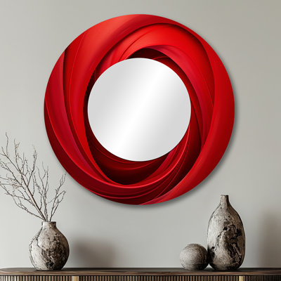 Red Perpetual Pulse Vortex I - Abstract Spirals Large Wall Mirror, Modern Round Unique Mirror, Printed Metal Art