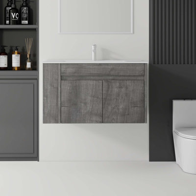Meuble-lavabo flottant avec portes à fermeture en douceur et lavabo en céramique