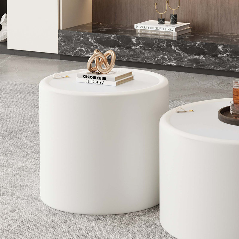 Table basse ronde moderne avec plateau en verre trempé et corps en similicuir, Cream White