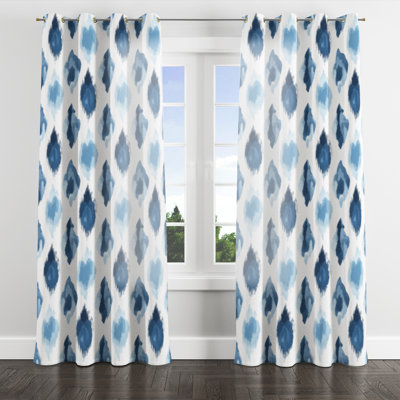 Modern Velvet Curtains - Scandinavian Blue And White Calm Ikat Grommet Curtain - 1 Panel